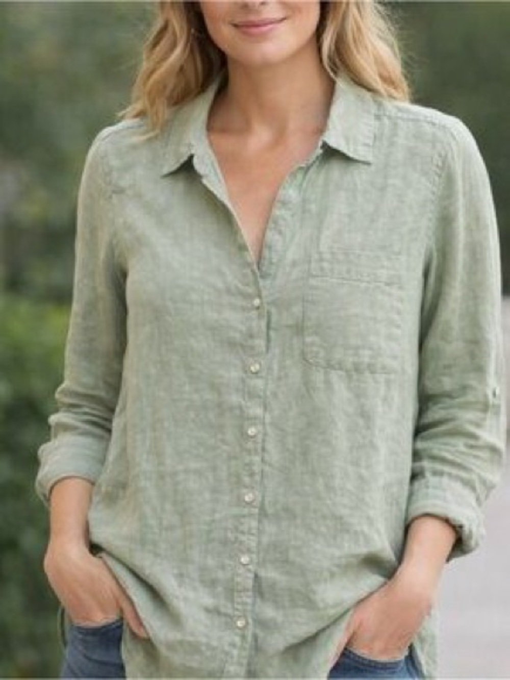 Sigrid Olsen Womens Linen Button Front Shirt Blouse green  Lagenlook